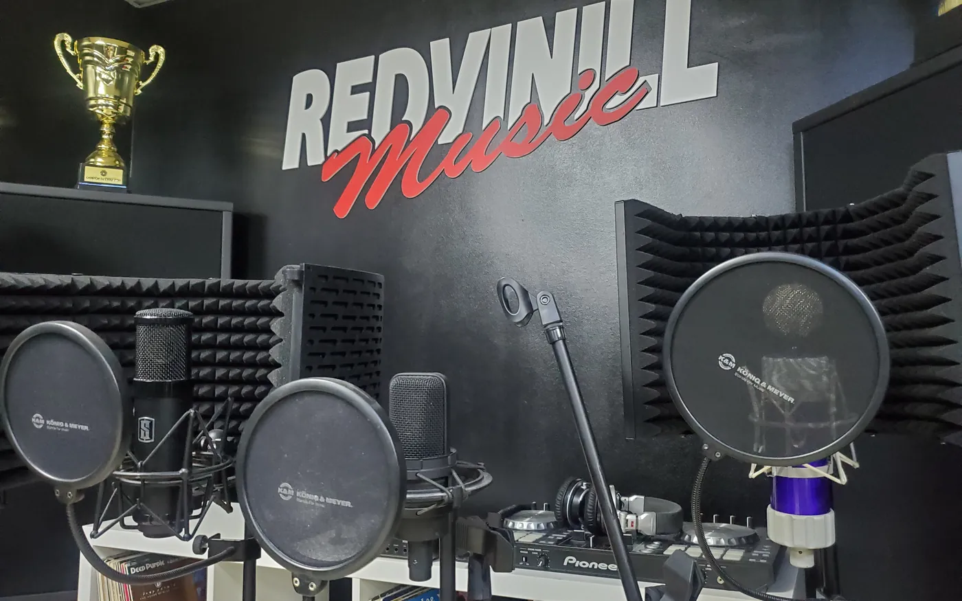 Вокальная кабина студии RedVinill: микрофоны с поп-фильтрами